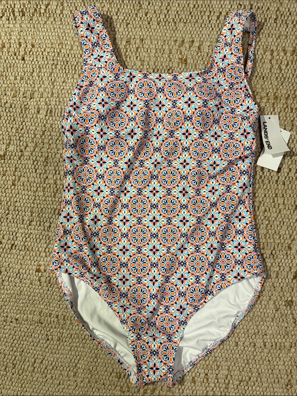Lands' End Orange, Navy & Turquoise Geometric One-Piece Swimsuit